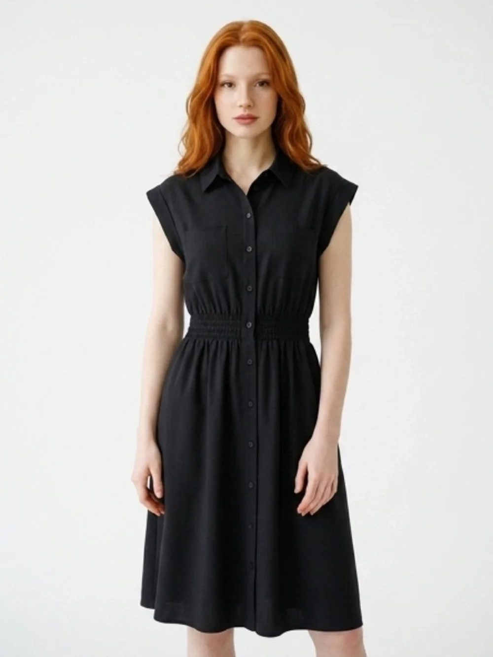 Black Button-Front Shirtdress with Smocked Waist‎